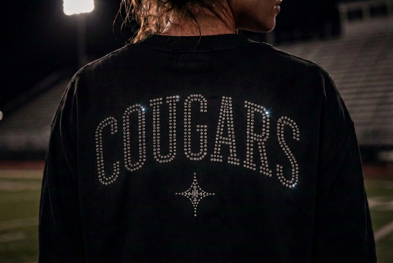 Athlete in a black rhinestone COUGARS crewneck under stadium lights